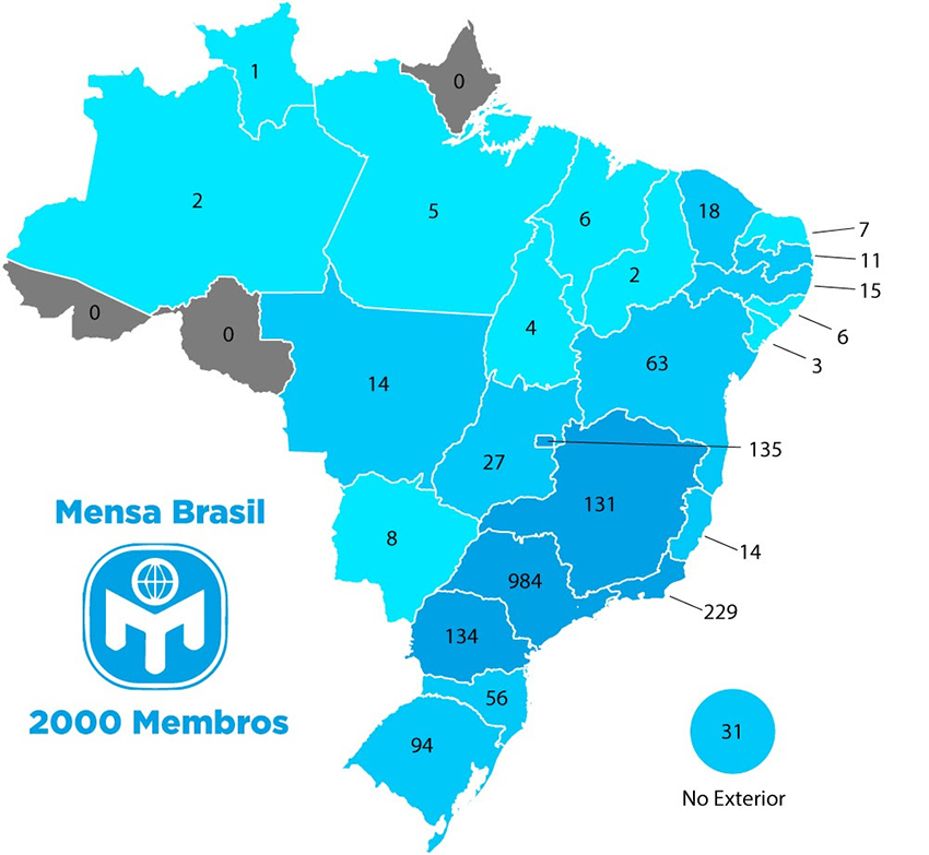 Superinteligentes identificados pela Mensa Brasil por estado 